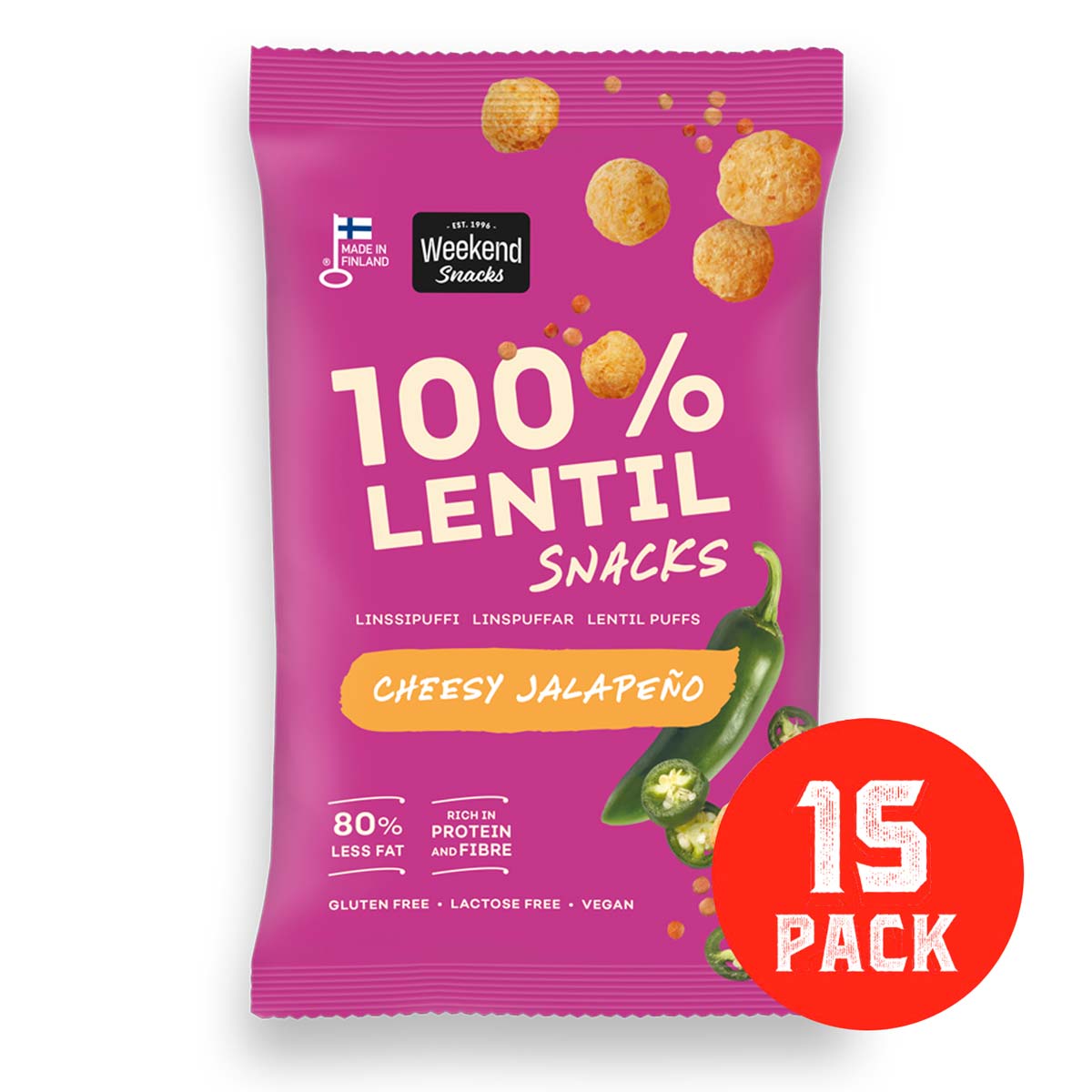 100 % linssi cheesy jalapeno, 15 kappaleen laatikko